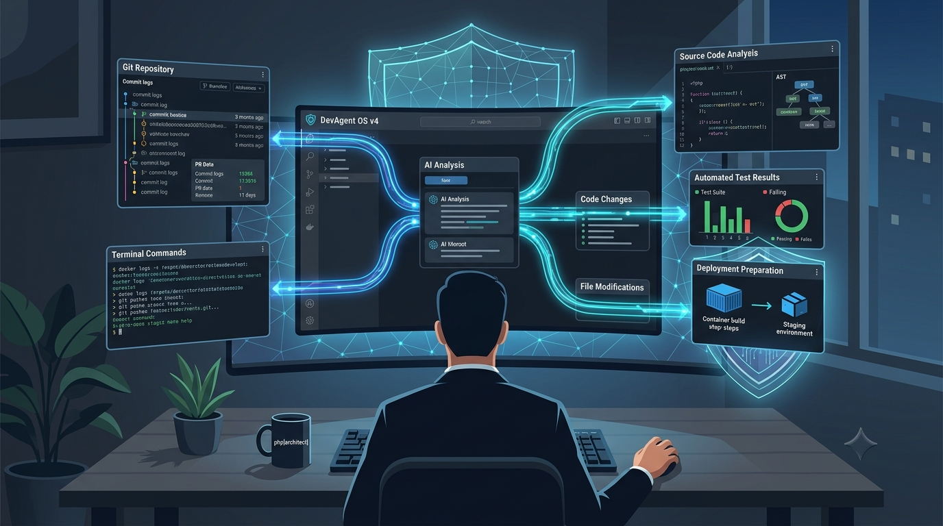 Ein KI-Programmieragent, der ein Softwareprojekt analysiert. Visuelle Darstellung, die Quellcode, Git-Repository, Terminalbefehle, automatisierte Tests, Dateiänderungen und die Vorbereitung der Bereitstellung zeigt.