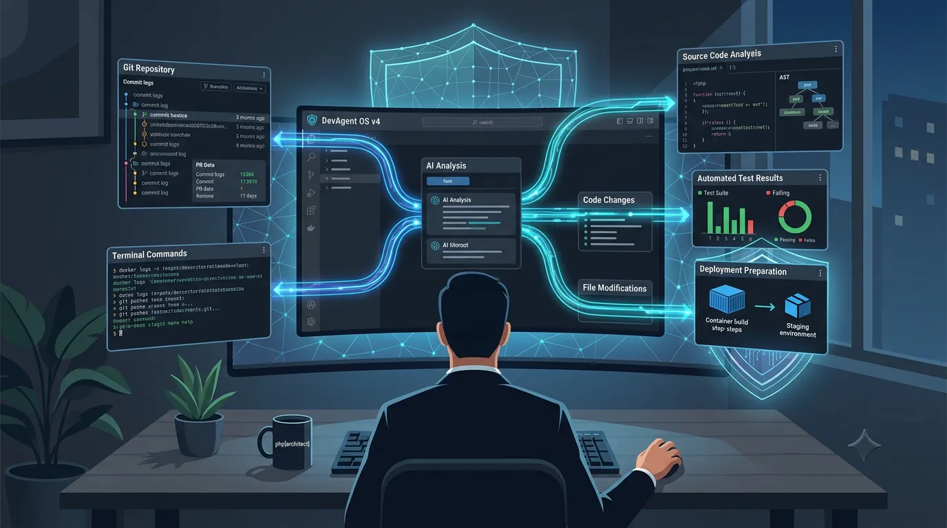 Ein KI-Programmieragent, der ein Softwareprojekt analysiert. Visuelle Darstellung, die Quellcode, Git-Repository, Terminalbefehle, automatisierte Tests, Dateiänderungen und die Vorbereitung der Bereitstellung zeigt.