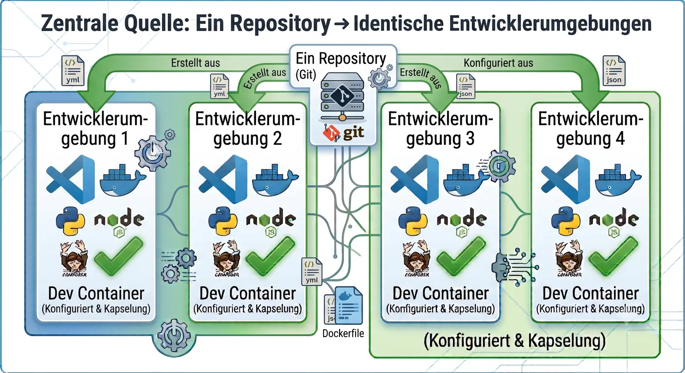 Zentrale Quelle: Ein Repository → Identische Entwicklerumgebungen