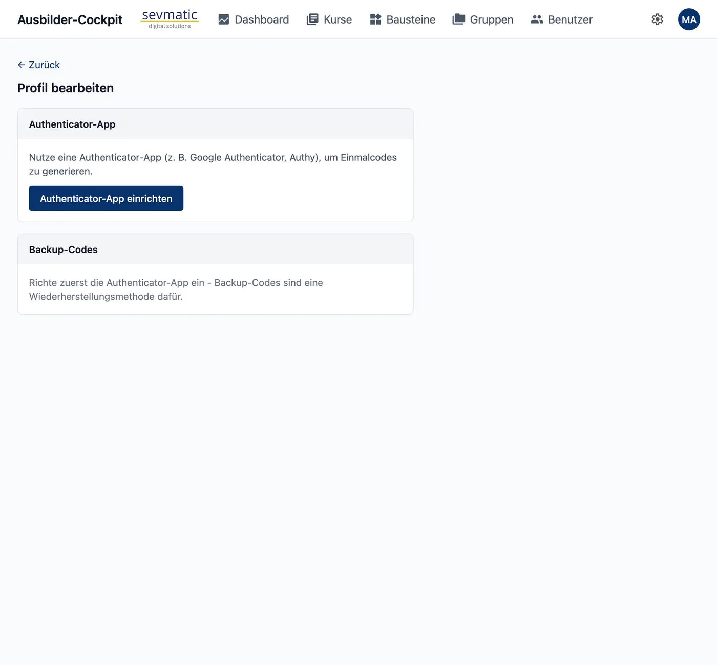Two-factor authentication: screenshot of the instructor cockpit
