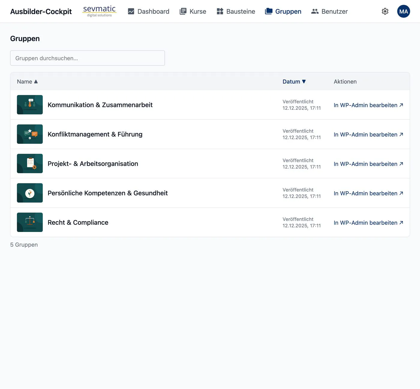 Group management: screenshot of the instructor cockpit